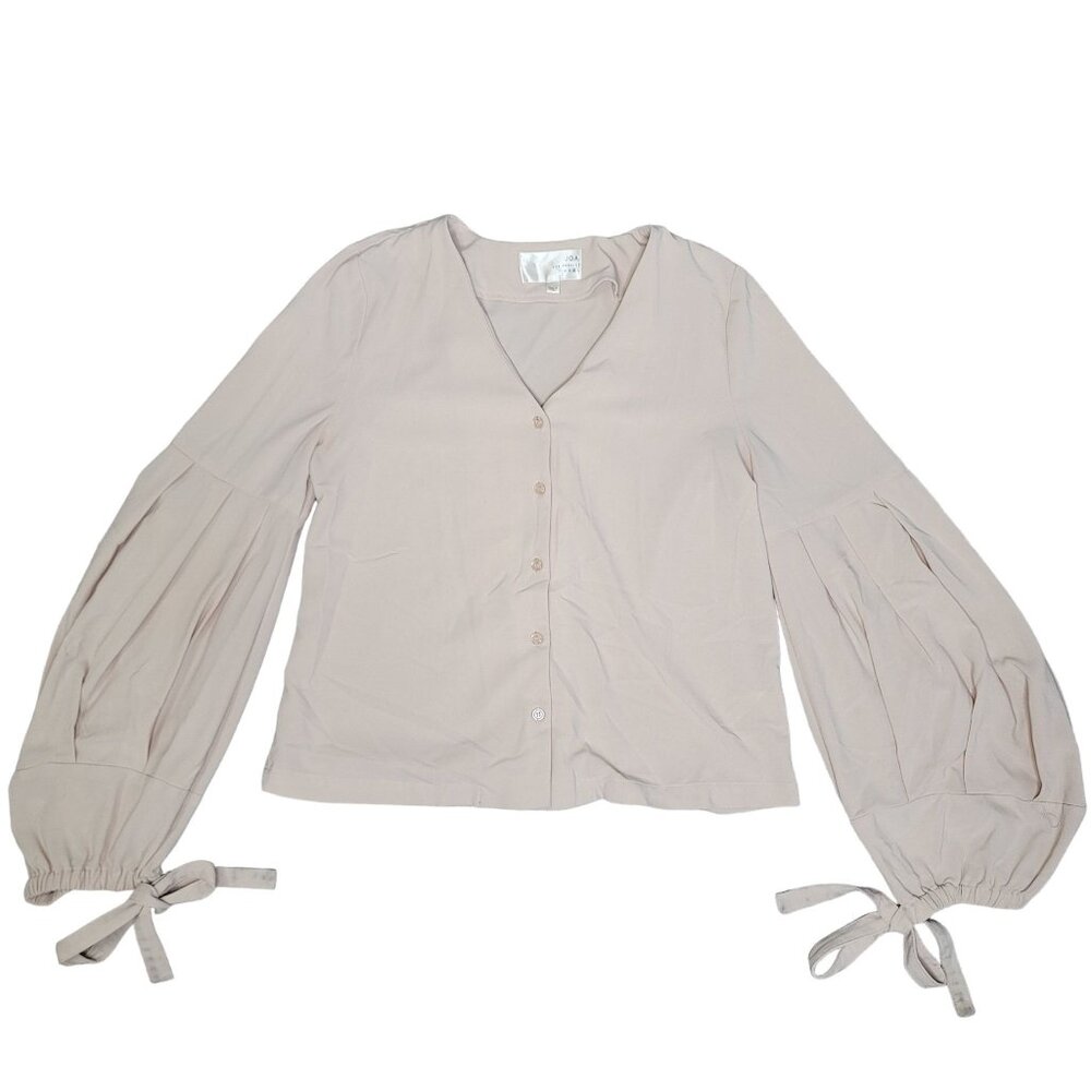 J.O.A. Los Angeles V-Neck Blouse With Puff Sleeves & Tie Cuffs Size Medium Beige